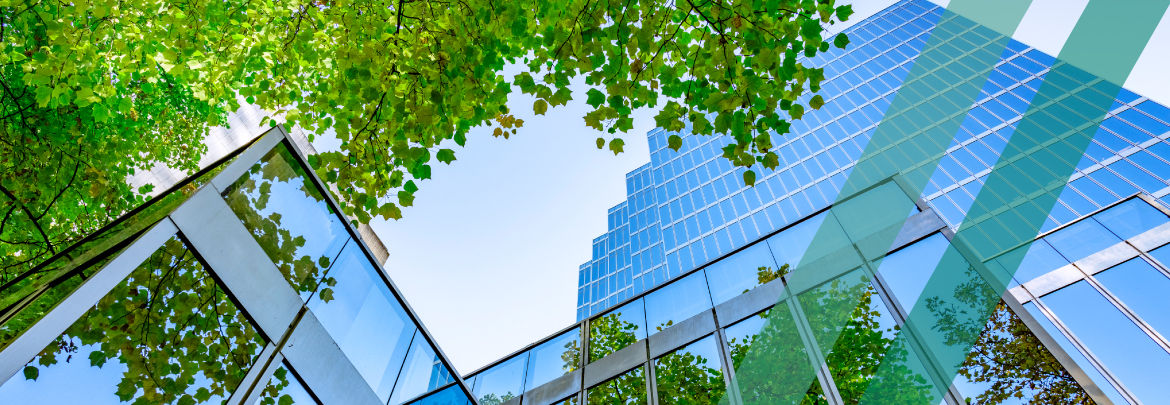 Bâtiment moderne avec arbres et ciel bleu dans le centre-ville de Vancouver, Canada.