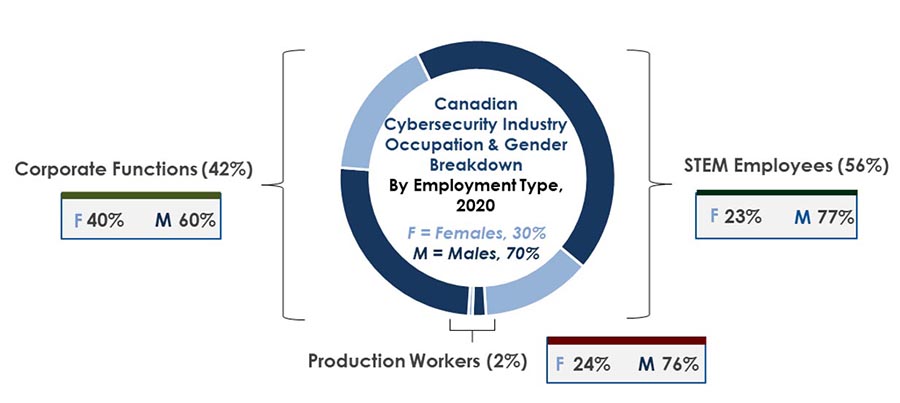 Canadian Cybersecurity Industry Occupation & Gender Breakdown By Employment Type, 2020, Long description below.