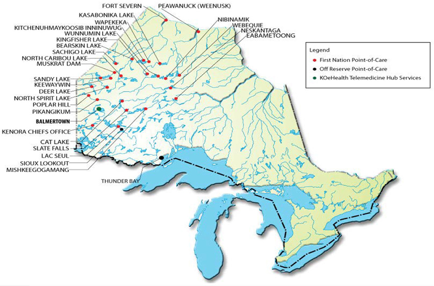 Map of KO Telemedicine Services in Northwestern Ontario (the long description is located below the image)