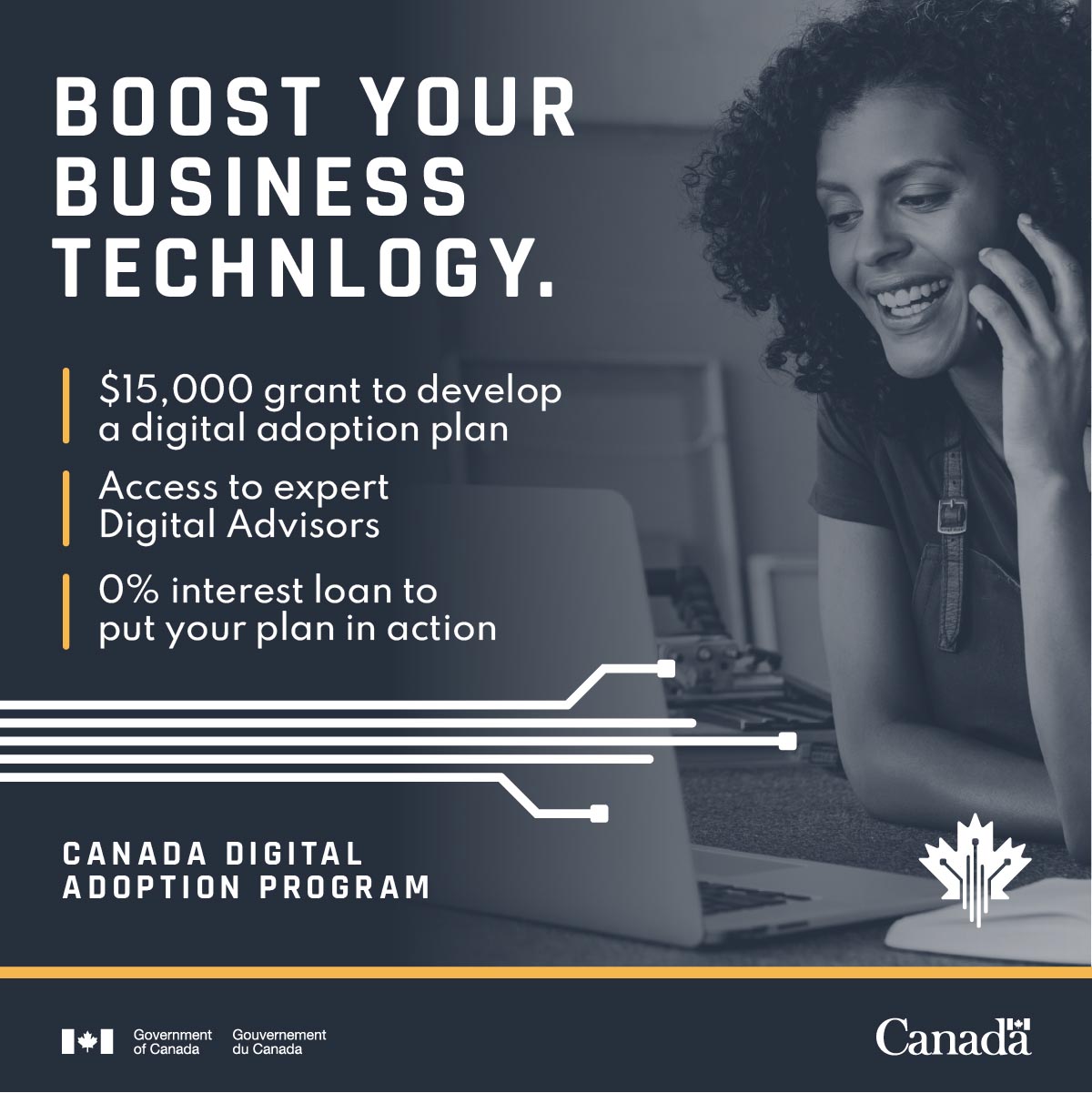 Boost Your Business Technology. $15,000 grant to develop a digital adoption plan. Access to expert digital advisors. 0% interest loan to put your plan in action. Canada Digital Adoption Program