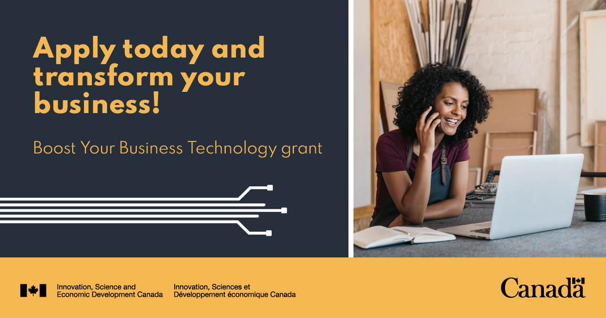 A female business owner works on her laptop in a studio. With text: Apply today and transform your business! Boost Your Business Technology grant