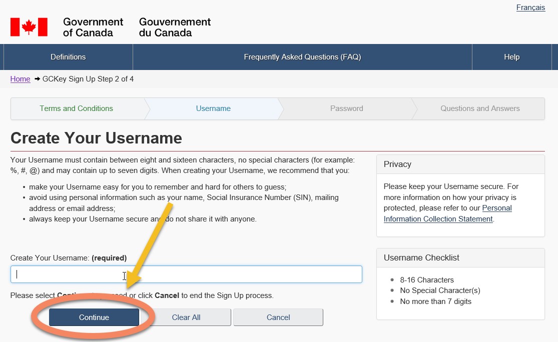 The Create your Username page allows you to create your username. The 'Continue' button has been highlighted for emphasis.