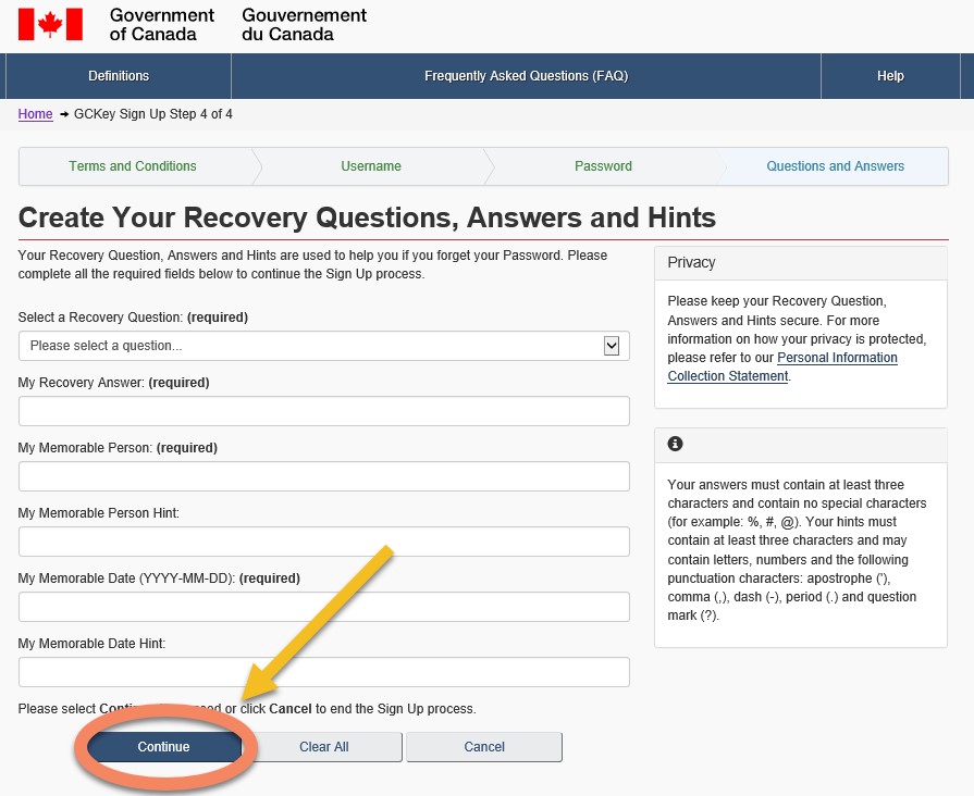 The Create your Recovery Questions, Answers and Hints page allows you to create your recovery questions and answers that can help you if you forget your password. The 'Continue' button has been highlighted for emphasis.