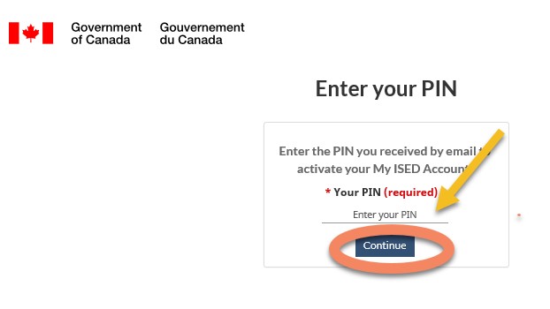 The Enter your PIN page requires you to enter the PIN that was found in the email from step 2.1 above. The 'Continue' button has been highlighted for emphasis.