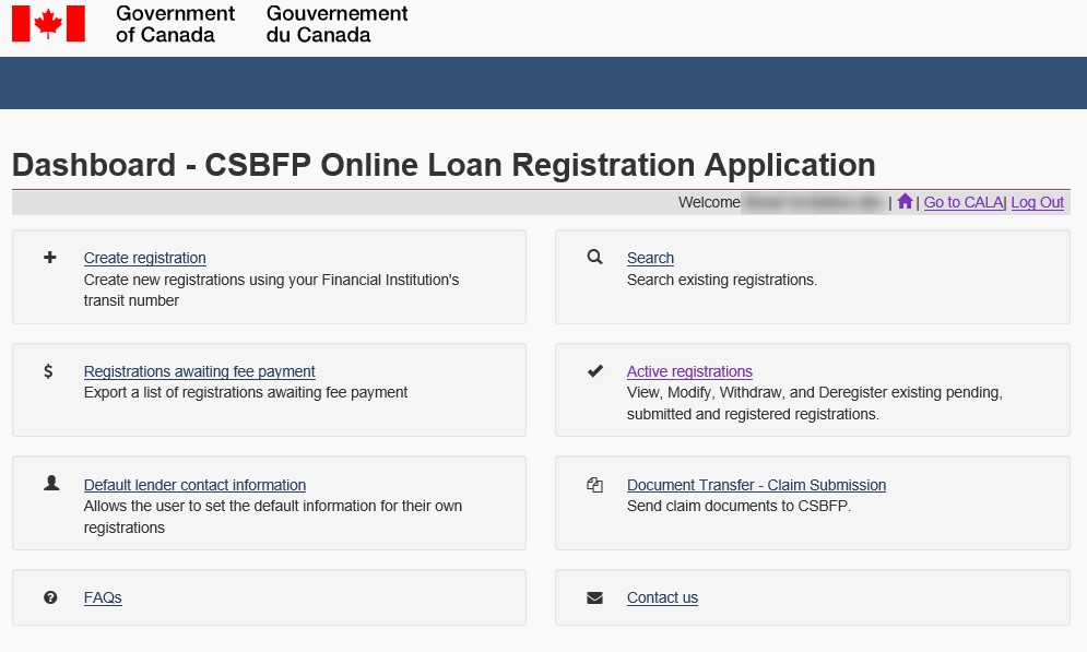 The Dashboard - CSBFP/CALA Online Loan Registration Application page, you have successfully created your My ISED Account.