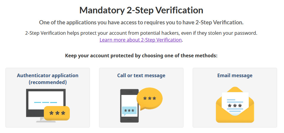 A screenshot of the page where you choose your 2-step verification method.
