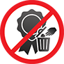 A seal of approval and a hand putting trash in an open trash bin in a red forbidden circle