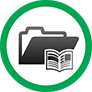 An open file folder and an open book in a green circle