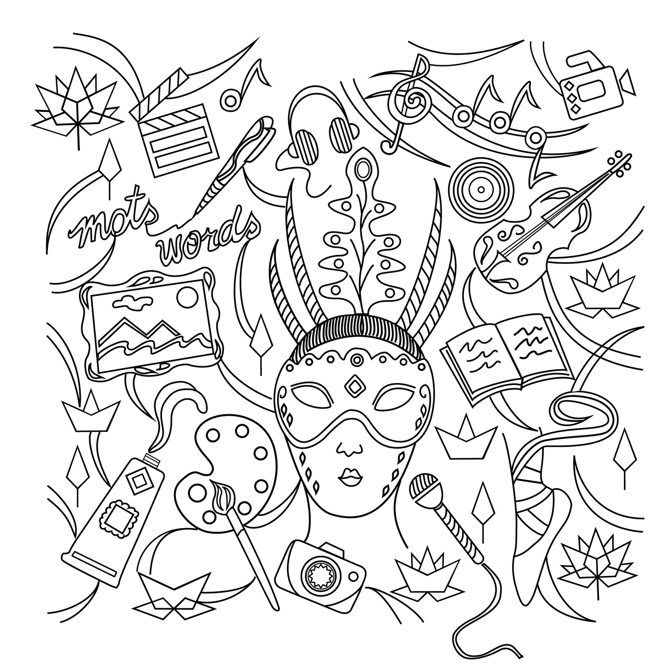 Colouring page featuring sample items that could be subject matter for copyright registration and a description of copyright.