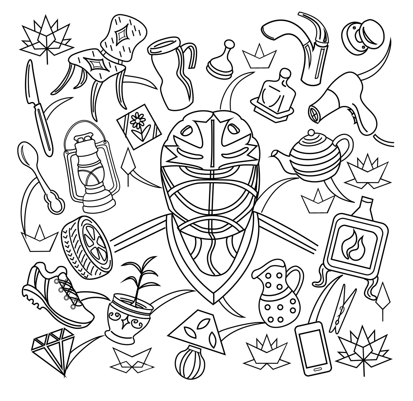 Colouring page featuring sample items that could be subject matter for industrial design registration and a description of industrial design.
