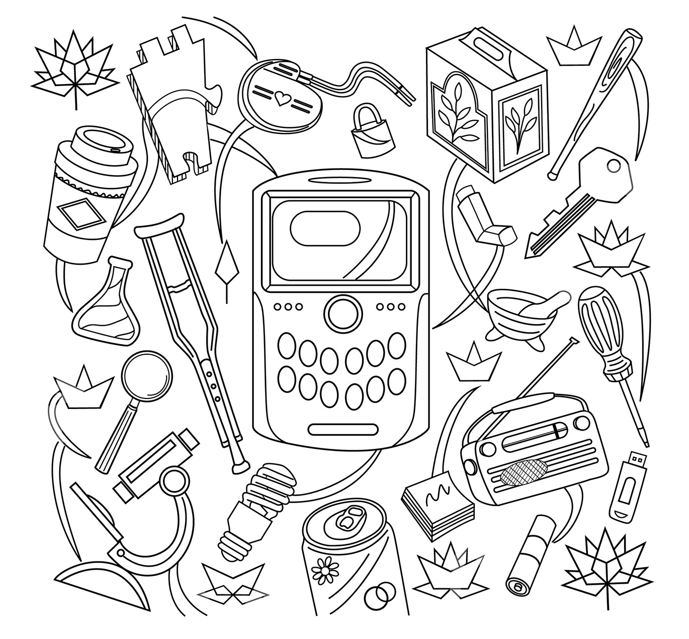 Colouring page featuring sample items that could be subject matter for patent registration and a description of patents.