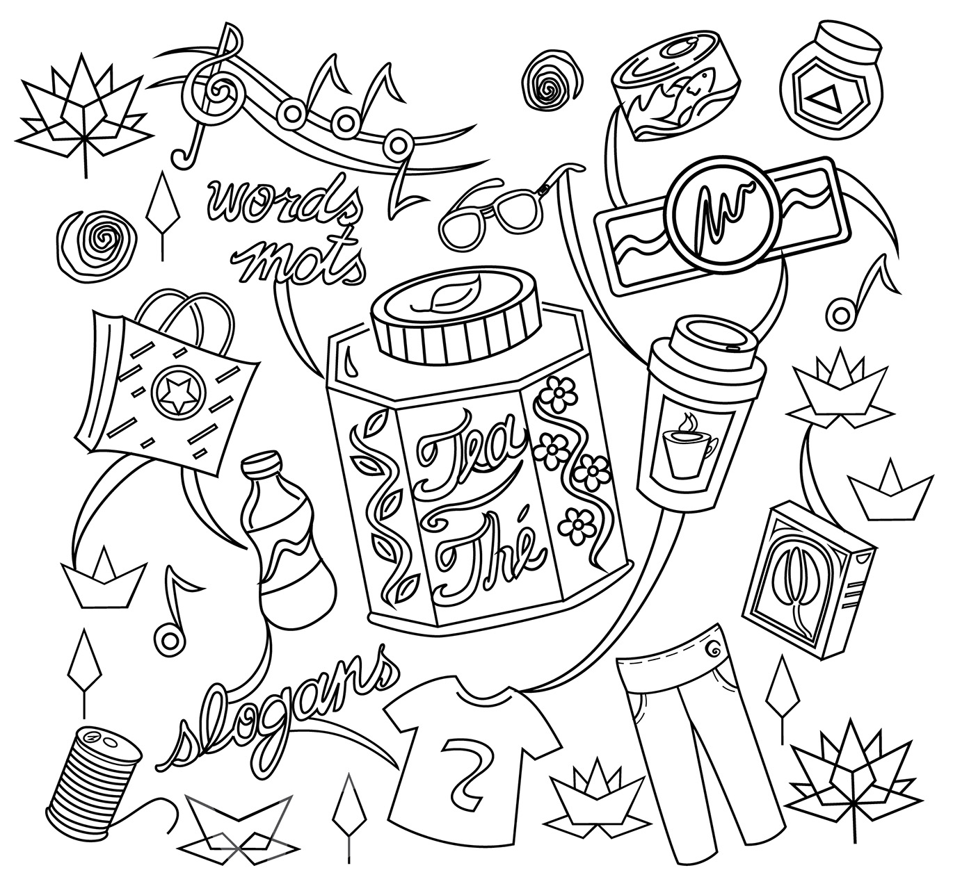 Colouring page featuring sample items that could be trademarked and a description of trademarks.