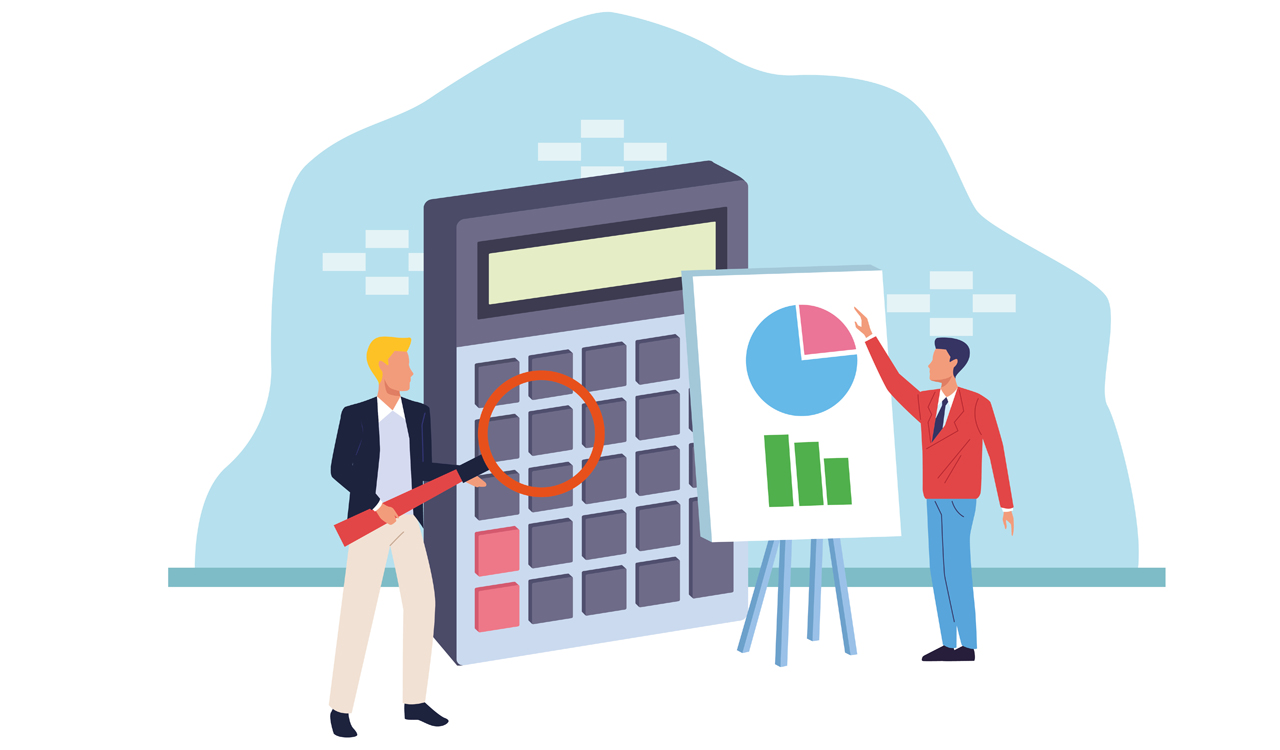 Vector illustration of a big calculator and two businessmen.