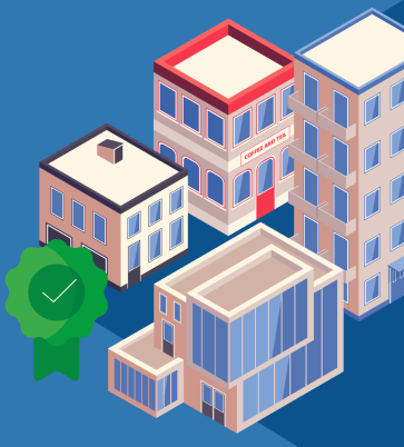 The image shows buildings with a green check mark. This illustrates certification bodies providing certification of products.