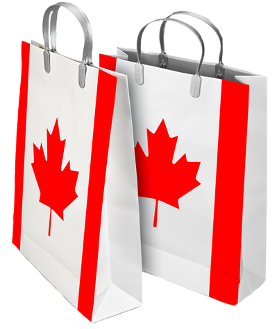 Two large shopping bags, with an image of the Canadian flag covering the entire front surface of each bag.