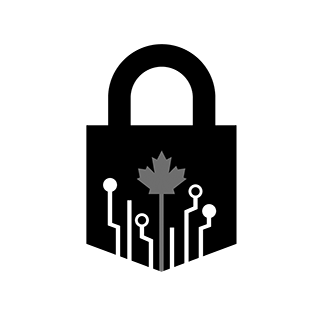 Black locked padlock with white circuitry. Maple leaf in centre circuit.