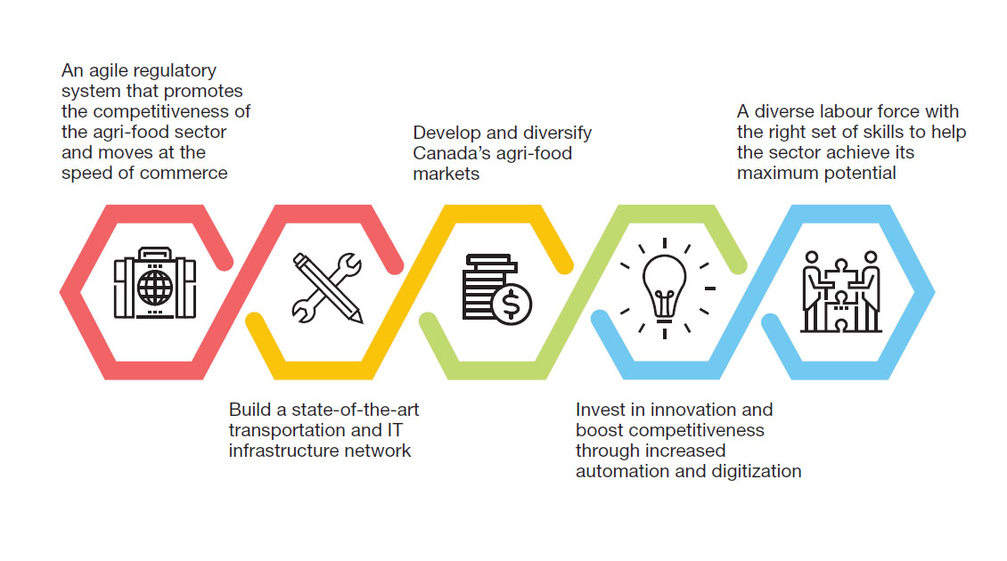 This graphic features five hexagons presented side-by-side in a single horizontal row. Inside each hexagon is an icon representing one of the Agri-food Strategy Table’s six proposals for strengthening the Canadian agri-food sector. Brief summaries of the proposals are provided above and below the hexagons.