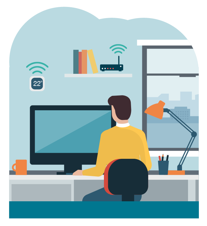 Image décorative d’une personne assise à un bureau avec un ordinateur, un routeur sur une étagère et un thermostat intelligent sur le mur