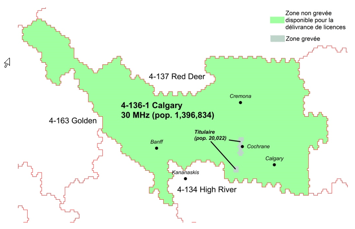 Figure B2 : Carte de la zone de service 4-136-1 (Calgary) où 30 MHz de spectre est disponible