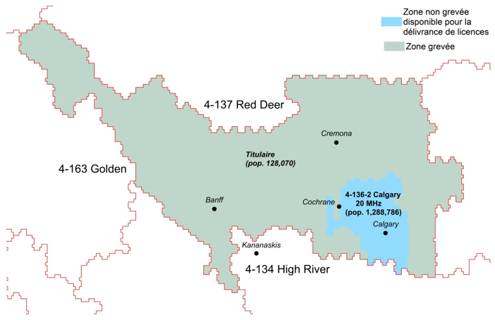 Figure B3 : Carte de la zone de service 4-136-2 (Calgary) où 20 MHz de spectre est disponible
