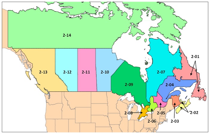 Figure B1 – Carte des zones de service de niveau 2 au Canada (la description détaillée se trouve sous l'image)