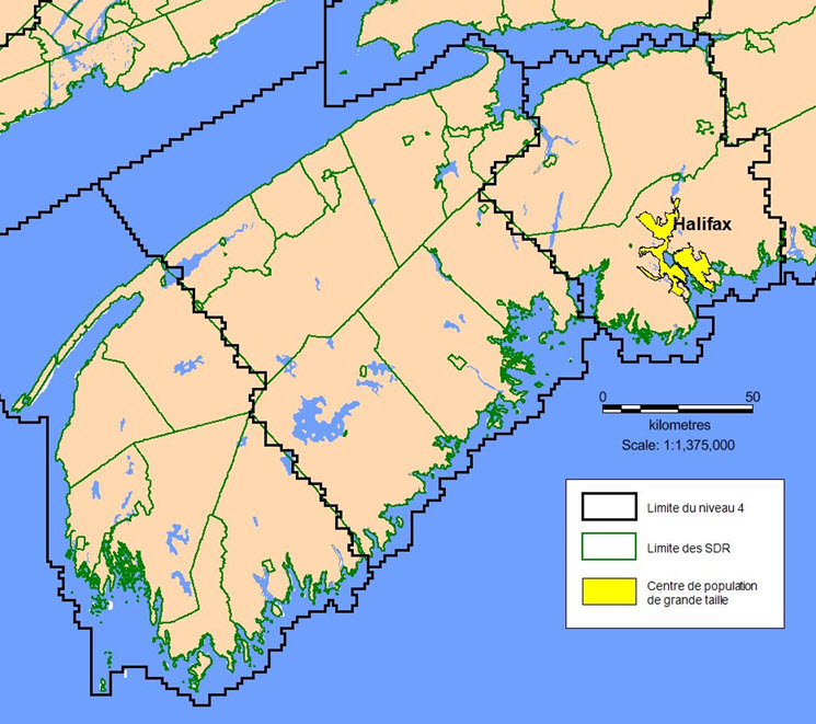 Première option basée sur les subdivisions de recensement de 2016 – comprenant le niveau 4-008 (Yarmouth), 4-009 (Bridgewater/Kentville), et 4-010 (Halifax) Superposable