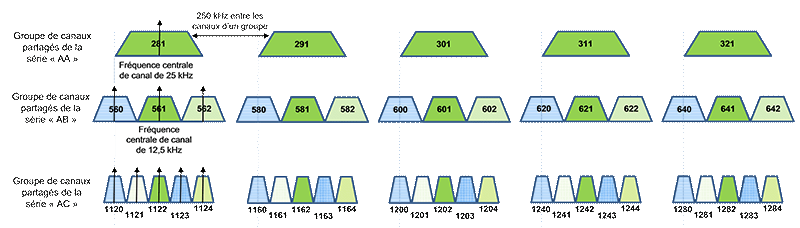 Figure 4—Exemple de groupes de canaux partagés formés de canaux plus étroits dans les bandes 806-821 MHz et 851-866 MHz (la description détaillée se trouve sous l'image)