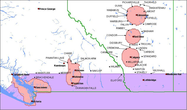 Carte de zones de service de Alberta/Colombie-Britannique (la description détaillée se trouve sous l'image)