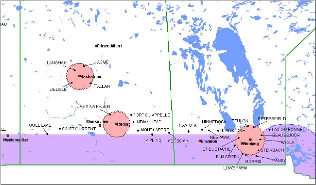 Carte de zones de service de Manitoba/Saskatchewan (la description détaillée se trouve sous l'image)