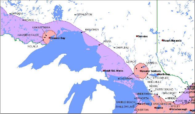 Carte de zones de service de Nord de l'Ontario (la description détaillée se trouve sous l'image)