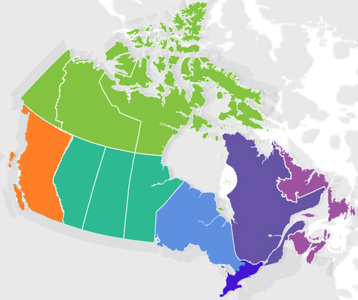Le graphique présente la carte du Canada dont le code de couleur permet d'identifier 7 régions : la région Atlantique du Canada, le Québec, le Sud de l'Ontario, le Nord de l'Ontario, les Prairies, le Pacifique et les Territoires.