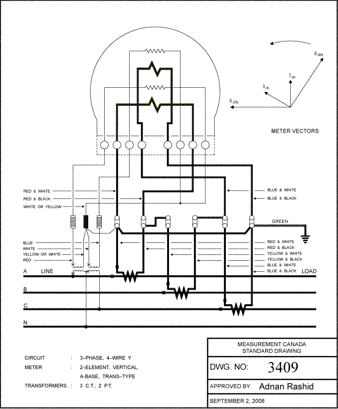 This is a diagram of a 3-phase, 2 element transformer-type meter, 4-wire circuit (3409) (the long description is located below the image)