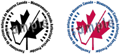 Logos à l'usage des fournisseurs de services autorisés de Mesures Canada. « Spécimen » est inscrit en diagonale du logo.