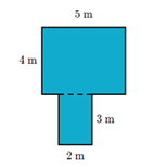 Cette figure représente une forme géométrique irrégulière à 8 côtés, composée de deux rectangles dont le plus grand mesure 4 m sur 5 m et le plus petit mesure 2 m sur 3 m. Les deux rectangles sont reliés sur leurs côtés respectifs de 5 m et 2 m.