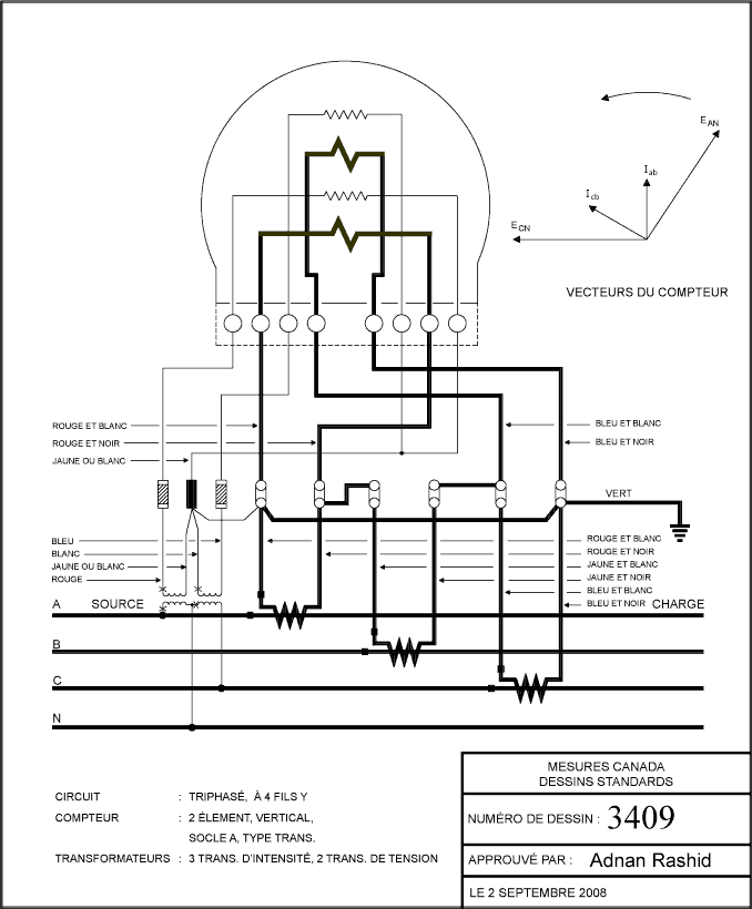 C'est un diagramme d'un 3-phase, 2 élement compteur à transformateur, circuit de 4 fils (3409) (la description détaillée se trouve sous l'image)
