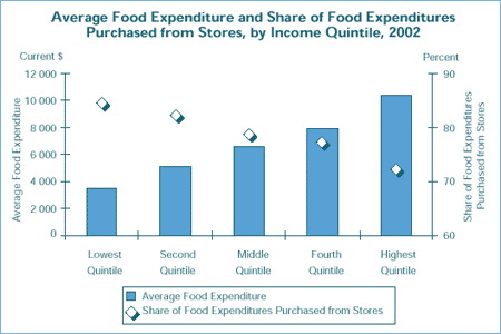 Average Food Expenditure and Share of Food Expenditures Purchased from Stores, by Income Quintile, 2002