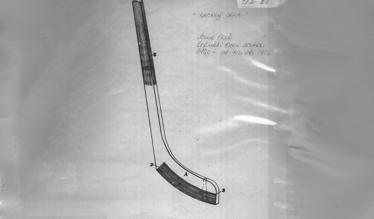Une image en noir et blanc montrant le dessin de l'un des premiers bâtons de hockey ressemblant à ceux que nous utilisons de nos jours.