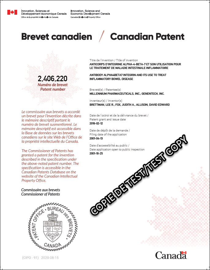 Une capture d'écran d'un document de brevet canadien.