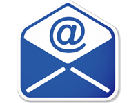 Symbole pour l'abonnement au service de courrier éléctronique - un gros @ rouge écrit dans une boîte aux lettres grise ouverte avec un drapeau rouge élevé