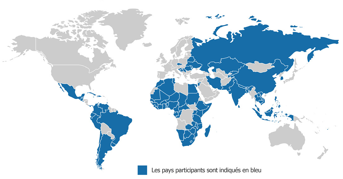Carte montrant les 110 pays (environ 60 % de tous les pays du monde) qui ont participé aux ateliers annuels de l'OPIC destinés aux cadres supérieurs.