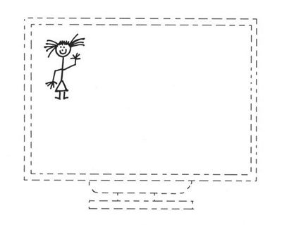 Écran d'ordinateur illustré au moyen d'une ligne pointillée avec une figurine collée sur l'ordinateur qui représente une petite fille illustrée au moyen d'une ligne continue.