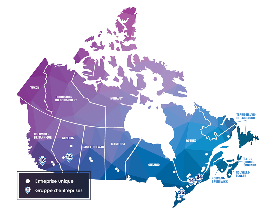 Canadian space clusters Identified in the data by number of firms