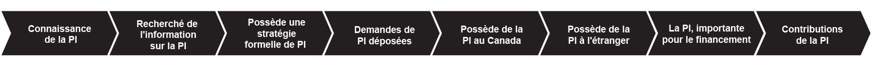 La Figure 28 montre les 8 étapes du parcours de l'innovation en matière de PI : Connaissance de la PI, Recherché de l'information sur la PI, Possède une stratégie formelle de PI, Demandes de PI déposées, Possède de la PI au Canada, Possède de la PI à l'étranger, La PI, importante pour le financement, et Contributions de la PI.