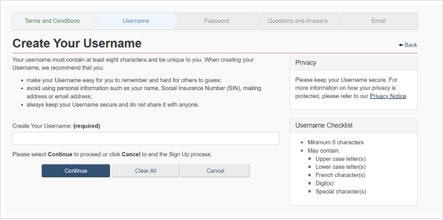 This image shows the 'Create Your Username' page.