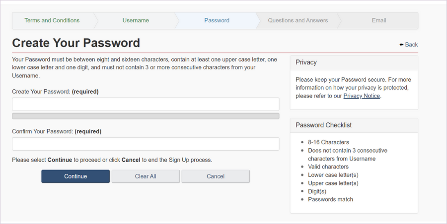 This image shows the 'Create Your Password' page.