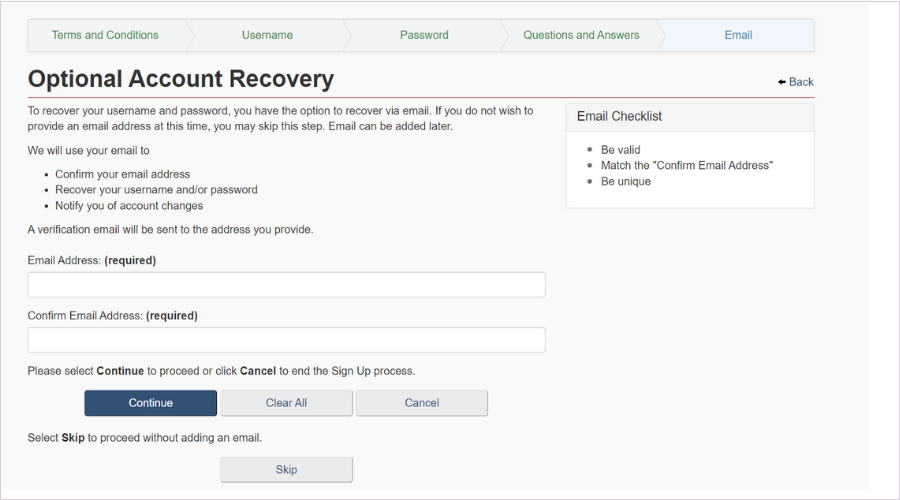 This image shows the 'Optional Account Recovery' page.