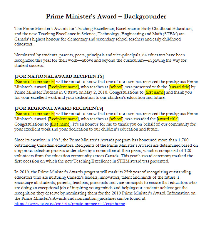 Prime Minister's Award – Backgrounder