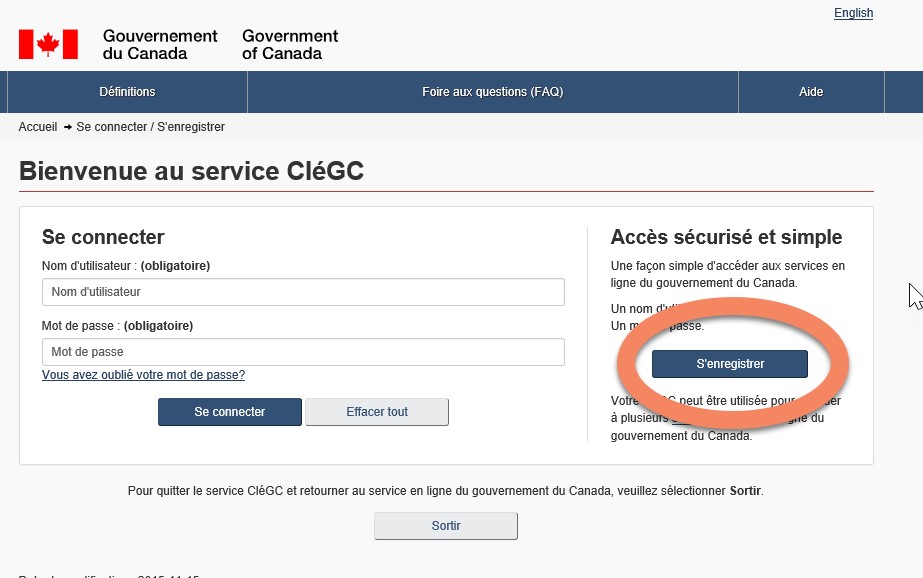La page Bienvenue au service CléGC vous permet de vous enregistrer pour un compte CléGC. Le bouton « S'enregistrer » est encerclé afin de le mettre en évidence.