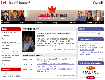 Screenshot of the Canada Business website's main page