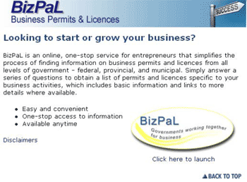 Screenshot of the BizPal website's main page